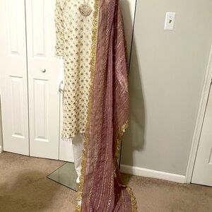 Elegant Embroidered Cream and Purple formal Outfit